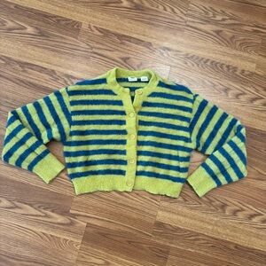 Levi’s Jenny Stripe Cat Cardigan Fuzzy Knit Yellow Blue Size Medium